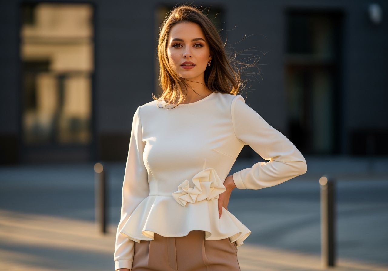 Kobieta w miejskiej stylizacji z modną bluzką peplum na ulicy miasta