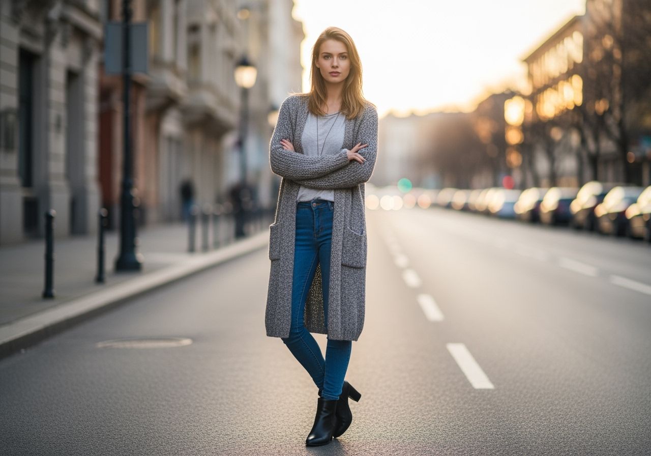 Kobieta w swobodnej stylizacji na tle miejskiej architektury, spacerująca ulicą miasta