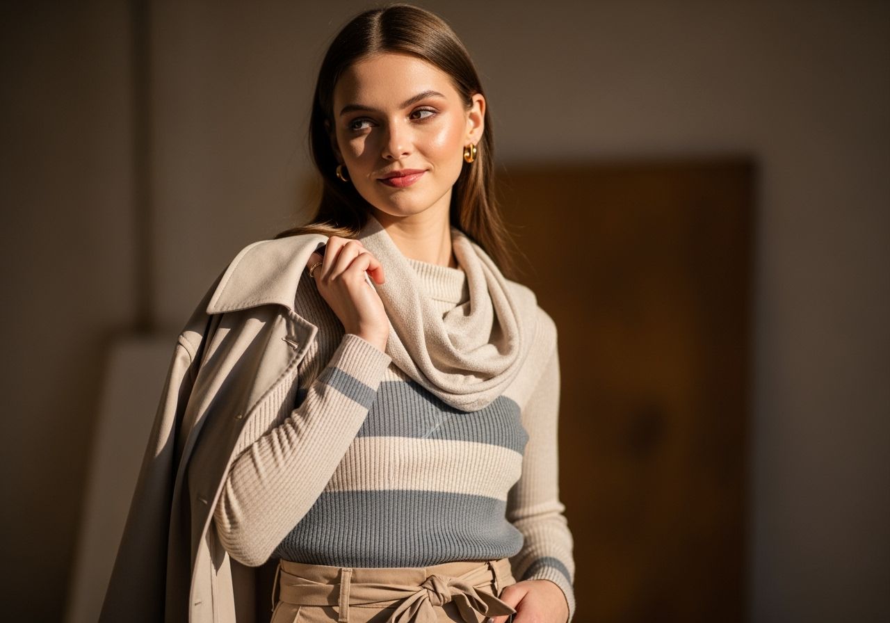 stylowa młoda kobieta pozująca w portrecie na jasnym tle