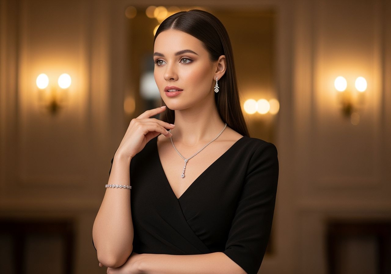 Kobieta w czarnej sukience nosi biżuterię na tle neutralnym