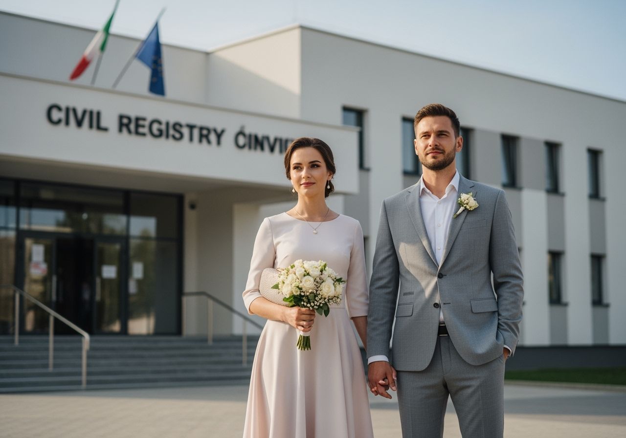 Para w eleganckim stroju przed nowoczesnym urzędem stanu cywilnego podczas ślubu cywilnego
