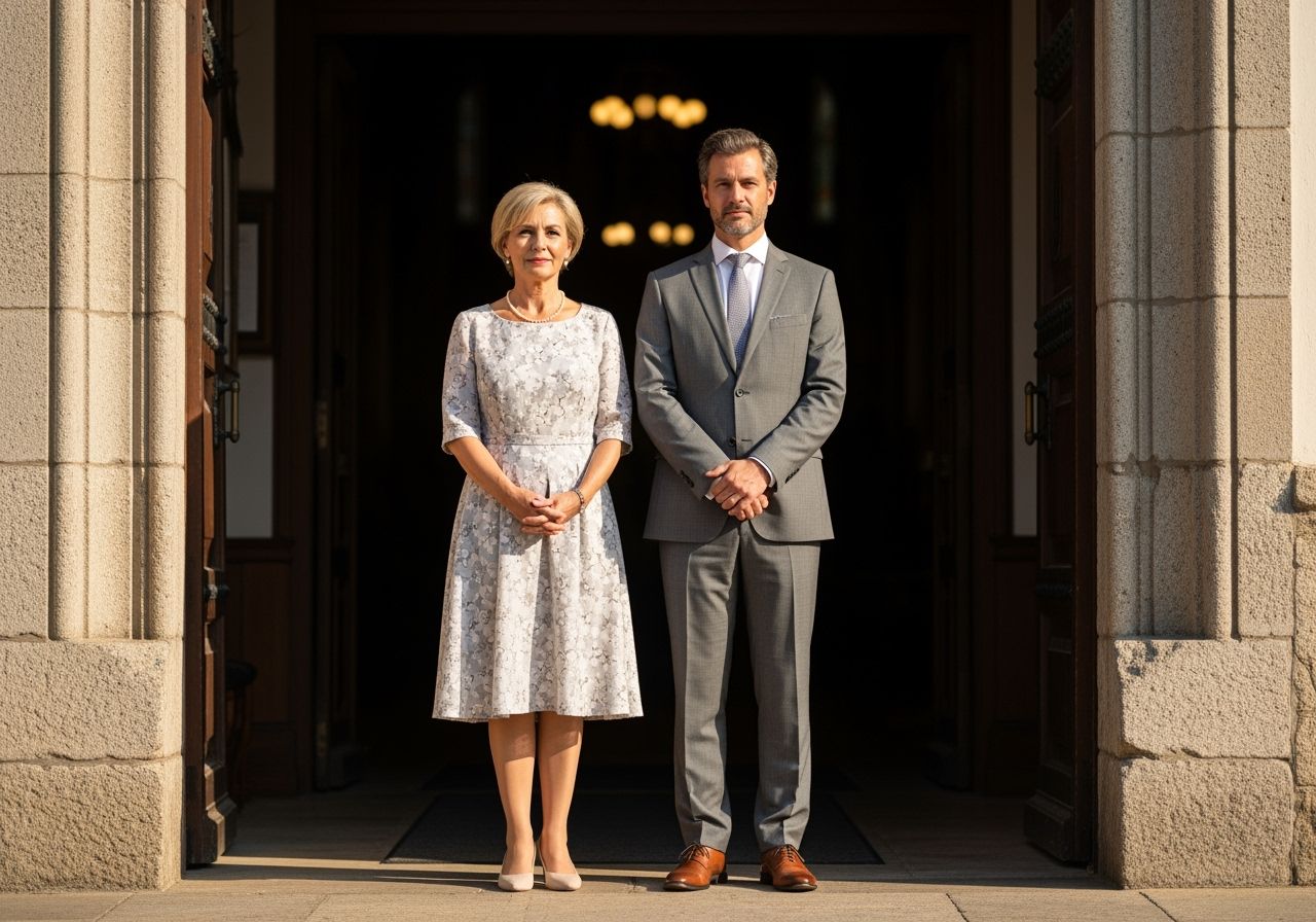 Mężczyzna i kobieta w eleganckich strojach stoją przed wejściem do tradycyjnego kościoła na tle kamiennej fasady