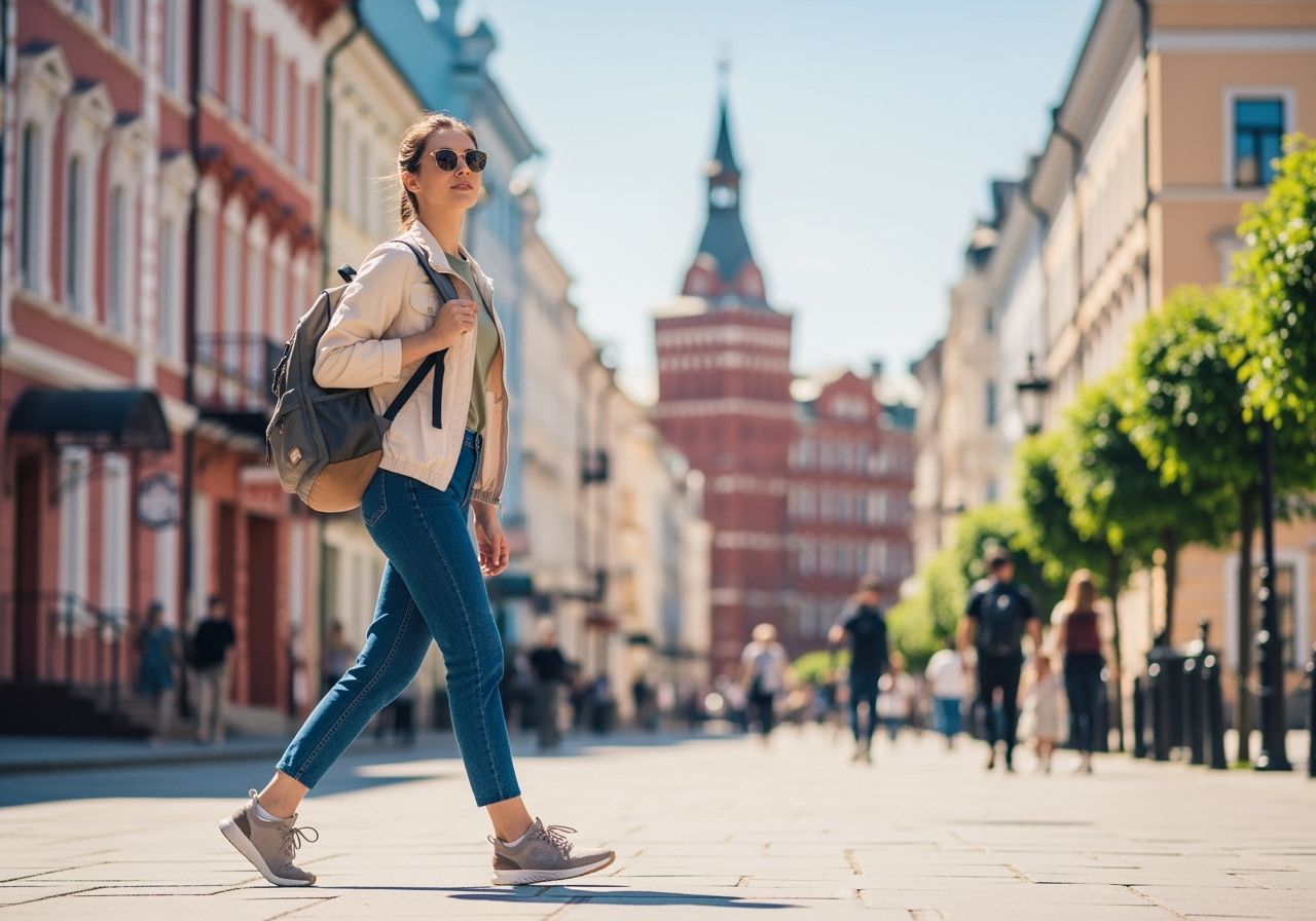 Młoda kobieta w wygodnym stroju spaceruje po miejskiej ulicy w słoneczny dzień z plecakiem i okularami.