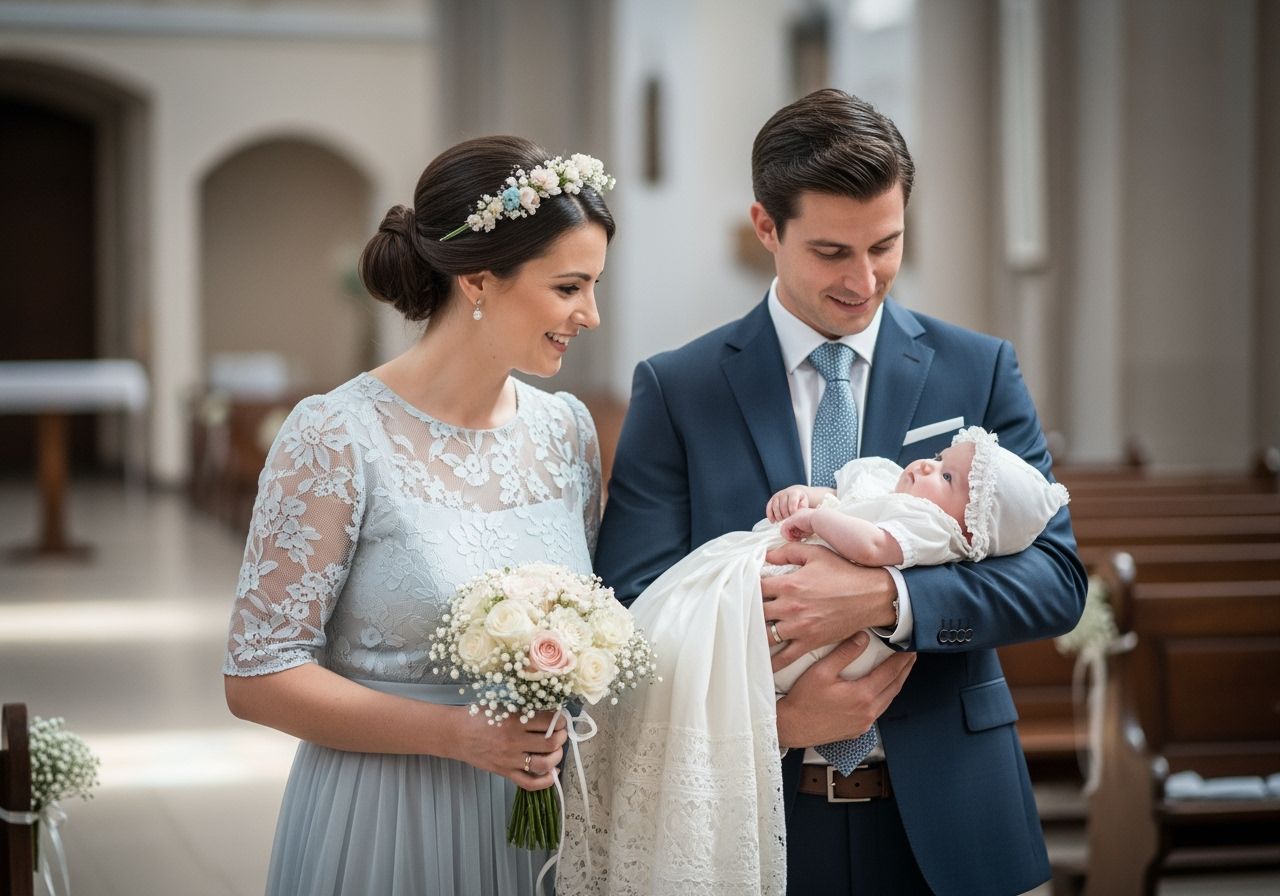 Rodzina w eleganckich strojach na chrzcinach, ojciec trzyma niemowlę w białej szacie, wnętrze kościoła w tle.