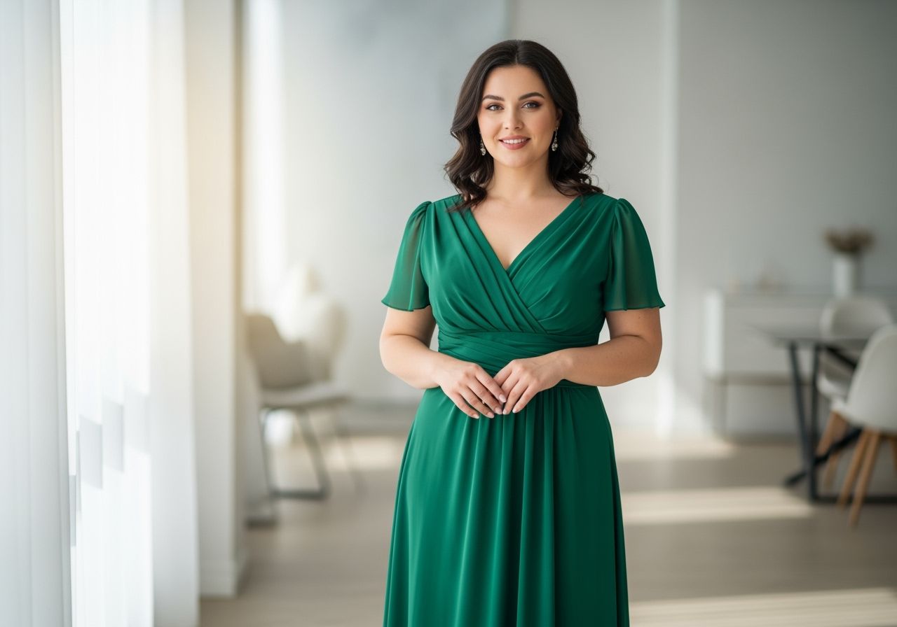 Pewna siebie kobieta plus size w eleganckiej sukience w jasnym, nowoczesnym wnętrzu, pełna sylwetka.