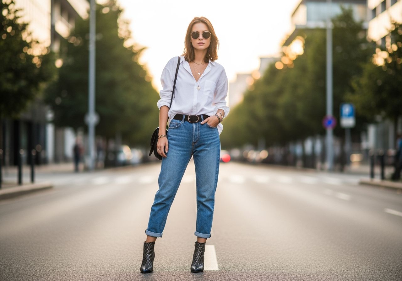 Młoda kobieta w boyfriend jeans, białej koszuli i botkach stoi na ulicy w miejskim otoczeniu o zachodzie słońca