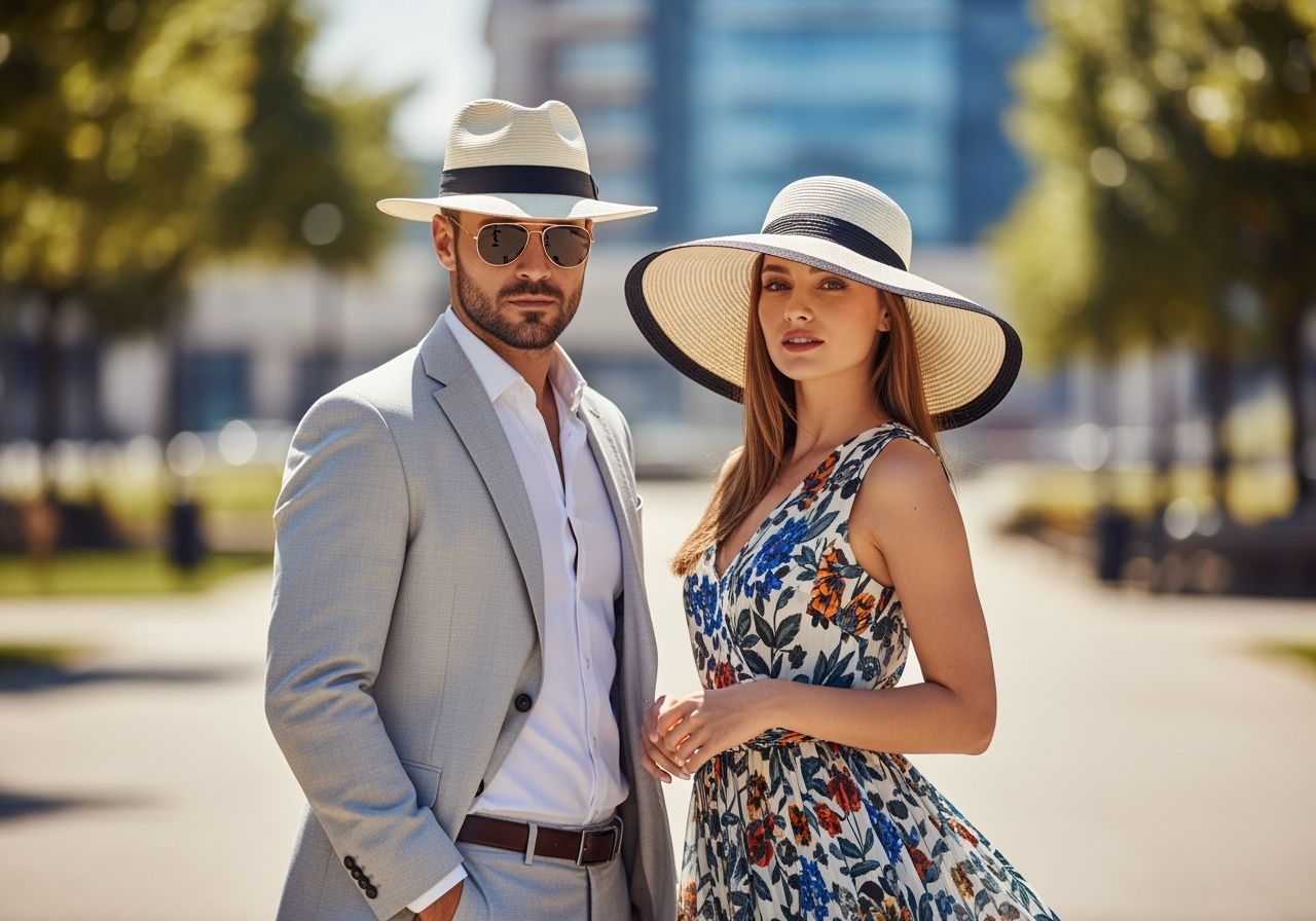 Mężczyzna w kapeluszu fedora i garniturze oraz kobieta w kapeluszu i sukience stoją na tle parku.