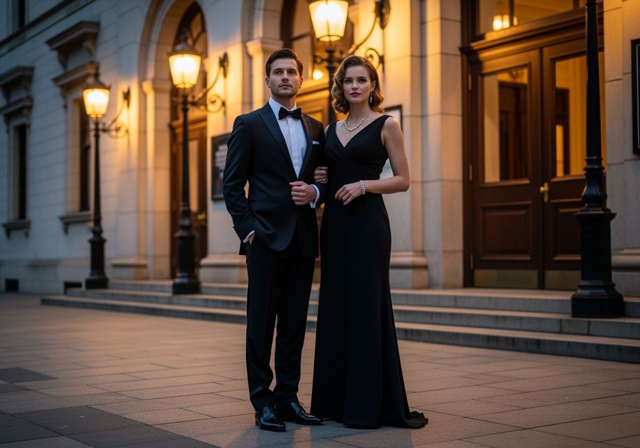 Elegancka para w wieczorowym stroju przed klasyczną salą koncertową oświetloną ciepłym światłem.