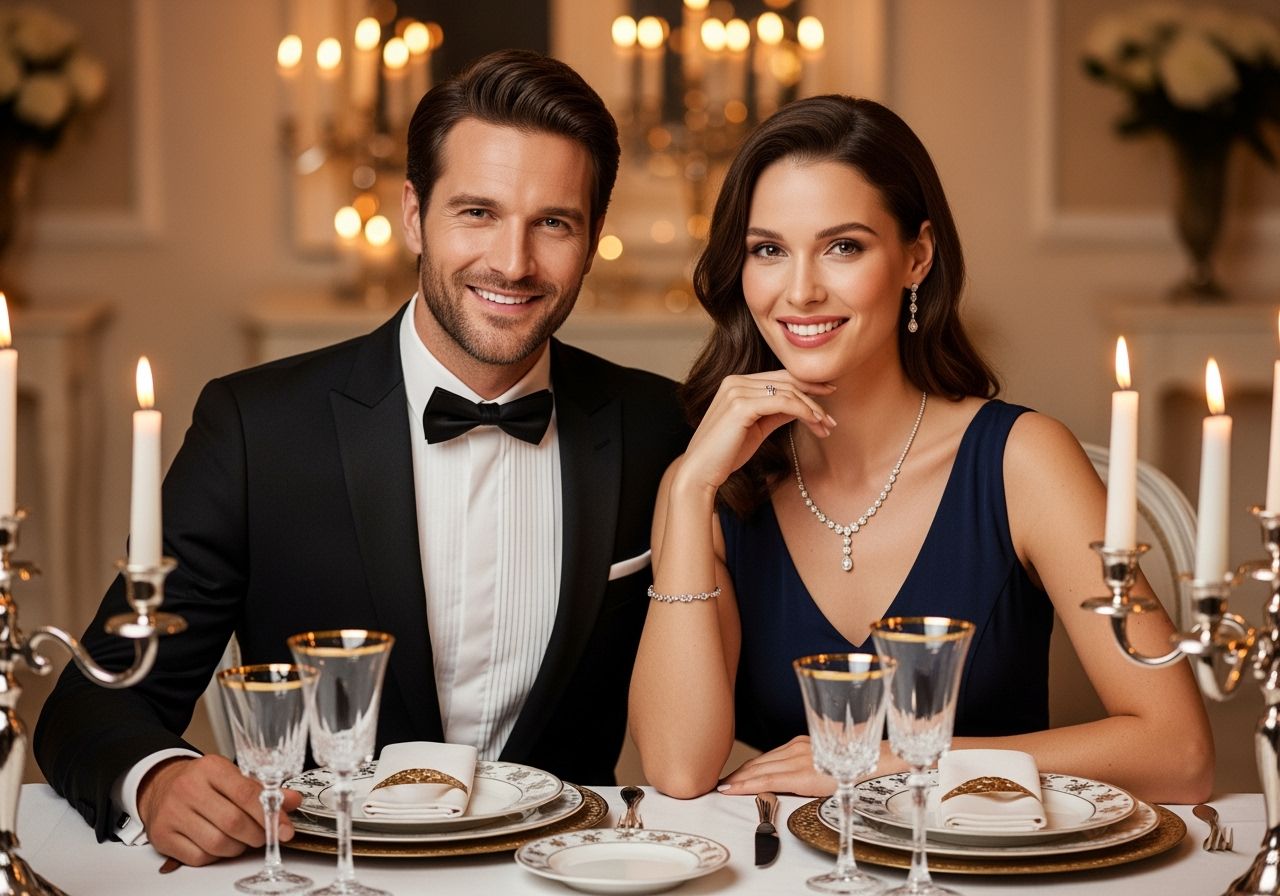 Elegancka para w wieczorowych strojach przy luksusowym stole z dekoracjami i lampkami.
