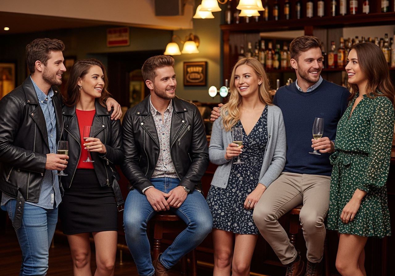 Grupa młodych ludzi w smart casual rozmawia i uśmiecha się w pubie przy drewnianym barze.
