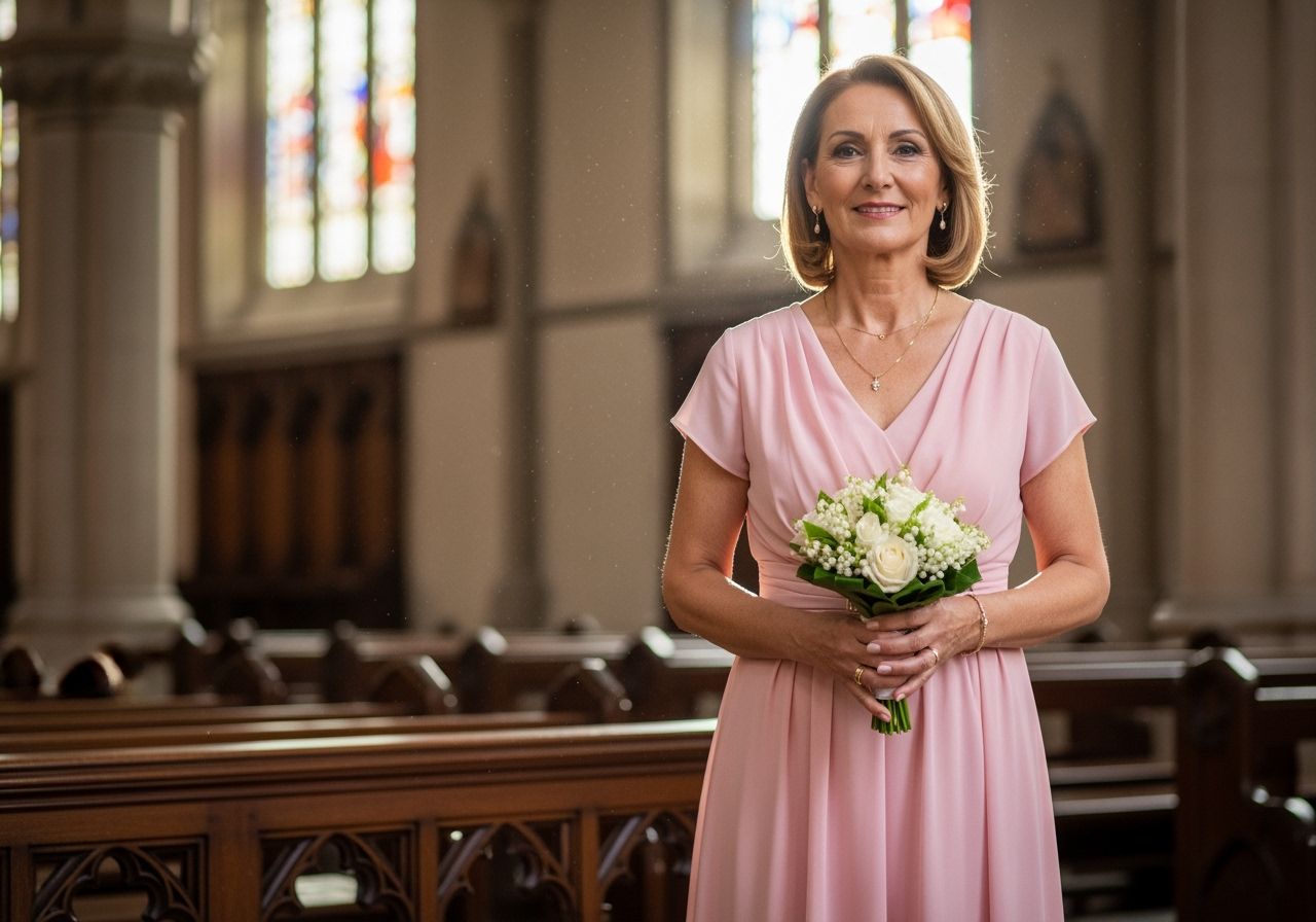 Elegancka matka chrzestna w pastelowej sukience z bukietem białych kwiatów w świetle kościoła