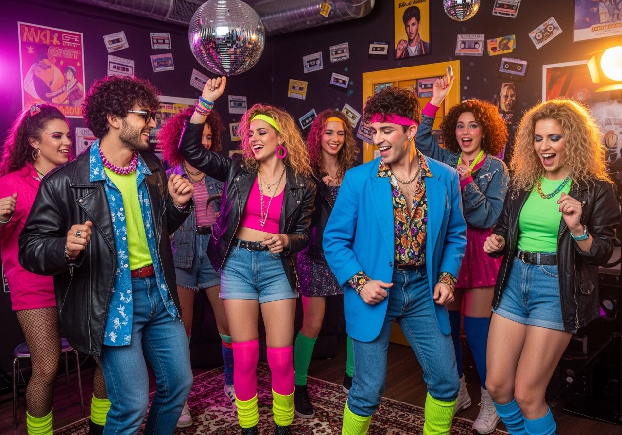 Młodzi ludzie na imprezie w stylu lat 80., ubrani w modę vintage, tańczący w pomieszczeniu z dekoracjami retro.