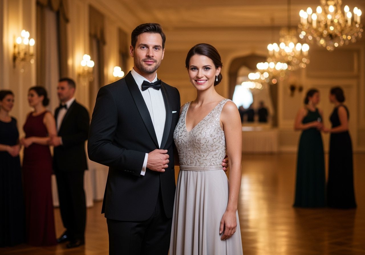 Elegancka para w garniturze i sukni stoi w luksusowej sali balowej, inni goście w tle.