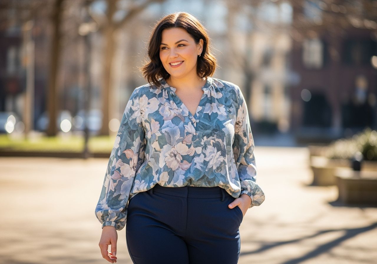 Pewna siebie kobieta plus size w wygodnym stroju stoi na tle miejskiego parku.