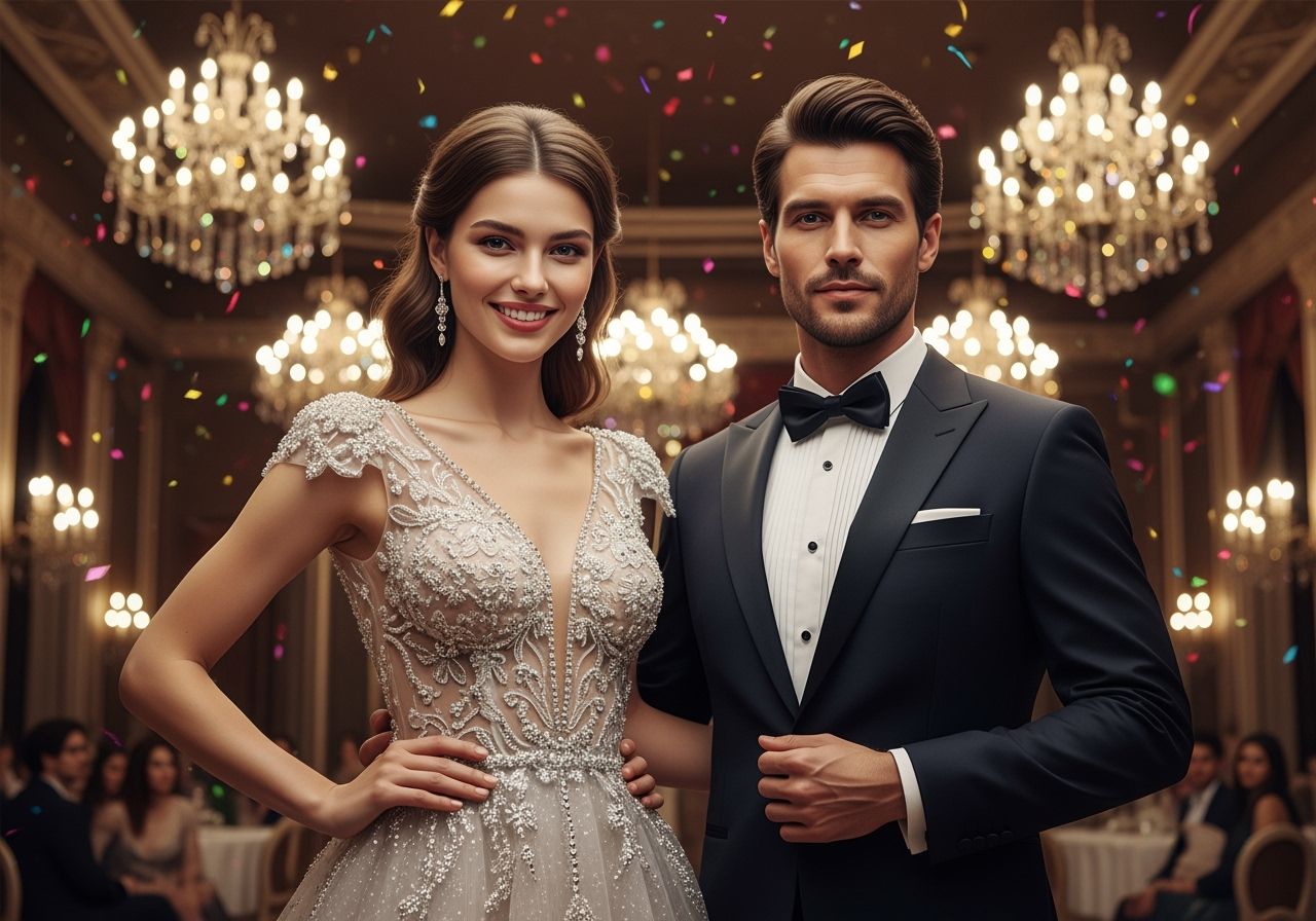 Młoda para w eleganckich strojach na tle balowej sali z dekoracjami i delikatnie opadającym konfetti