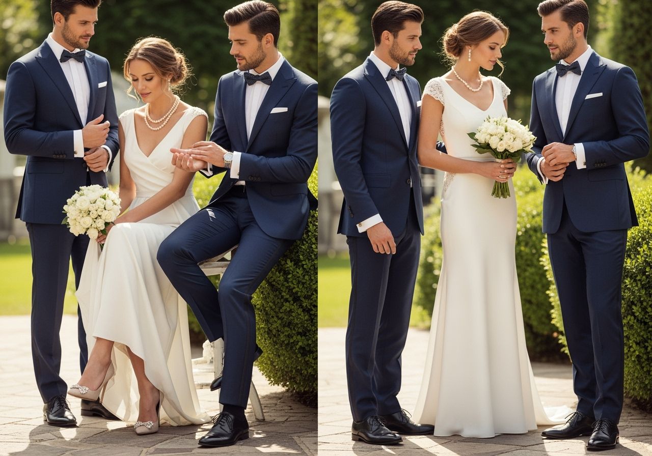 Elegancka scena ślubna z gośćmi w formalnych strojach w ogrodzie z rozmytym tłem.