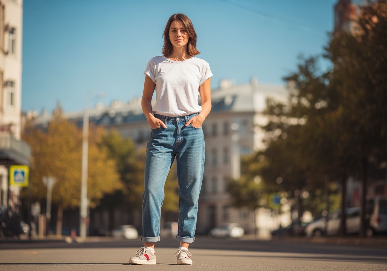 Młoda kobieta w jasnym t-shircie i jeansach stoi na miejskiej ulicy w słoneczny dzień, z rękami w kieszeniach.
