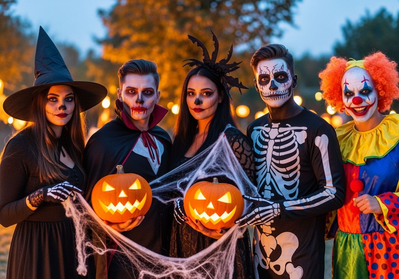 Grupa młodych w kostiumach halloweenowych z lampionem i dekoracjami na tle jesiennych drzew o zmierzchu