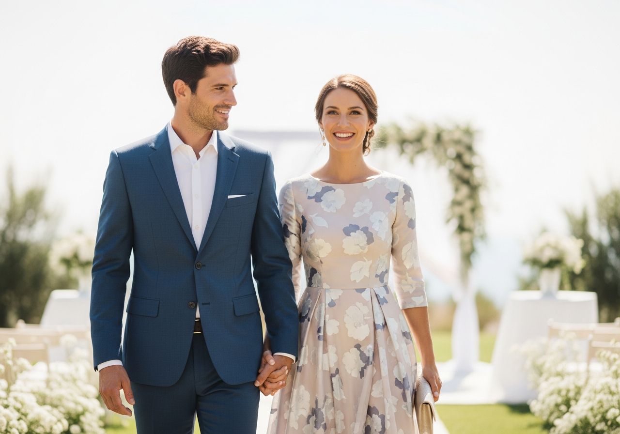 Para w eleganckich strojach idzie za rękę na cywilnym ślubie na świeżym powietrzu w słoneczny dzień