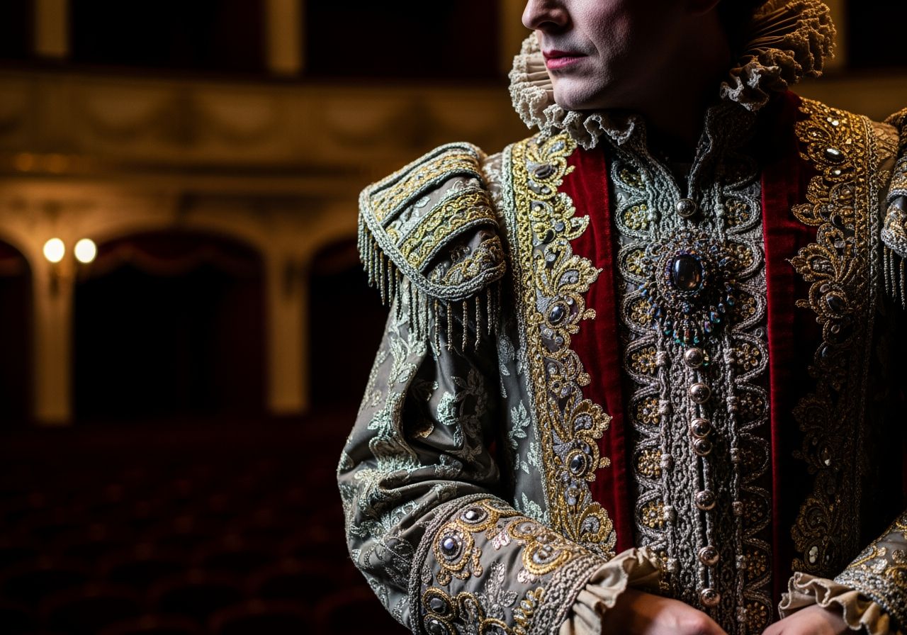 Bliskie ujęcie aktora w teatralnym kostiumie pod dramatycznym oświetleniem na scenie teatru.