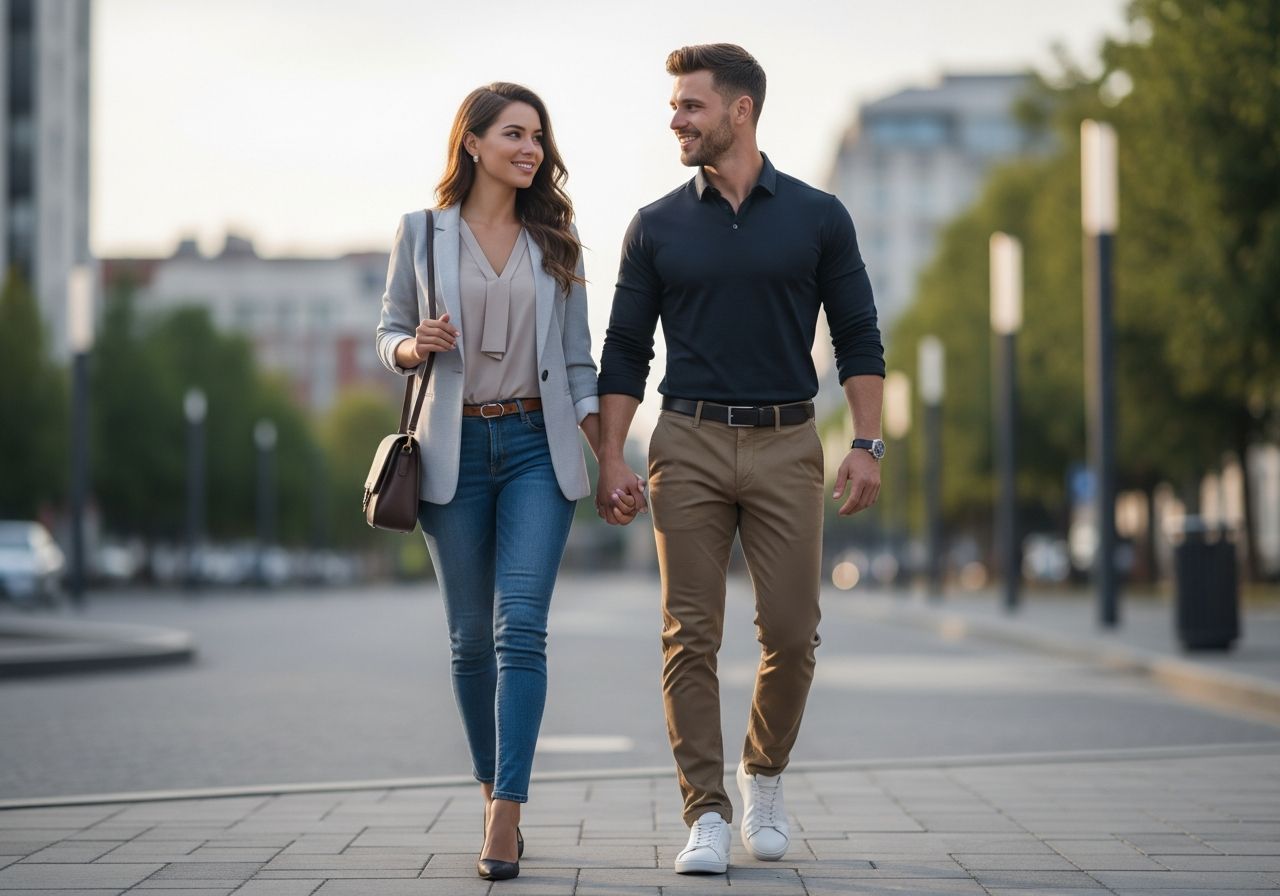 Młoda para na pierwszej randce spaceruje ulicą miasta, trzymając się za ręce wieczorem.