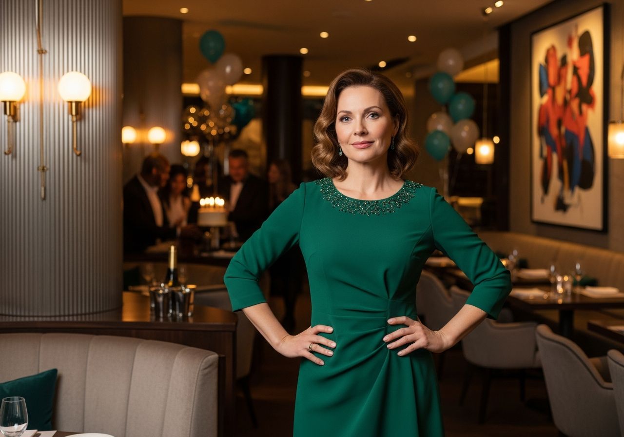 Elegancka kobieta w semi formalnej sukience w modnej restauracji podczas przyjęcia urodzinowego.