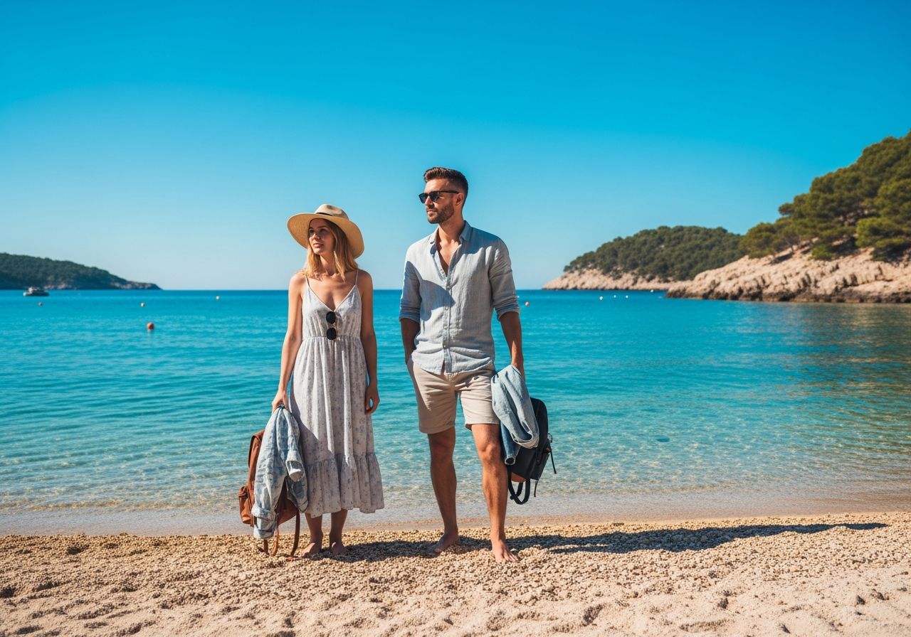 Młoda para na plaży w Chorwacji w letnich ubraniach, trzymająca kurtki i plecaki, z morzem i skałami w tle