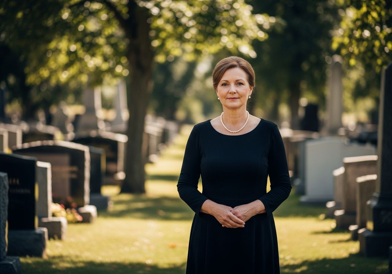 Średniowieczna kobieta w czarnej sukience stoi w cichym cmentarzu w słoneczny dzień