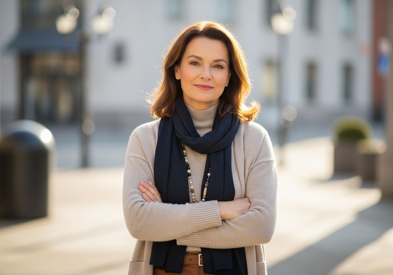 Kobieta w średnim wieku w stylowym stroju stoi na tle miejskim, uśmiecha się, pełne ujęcie.