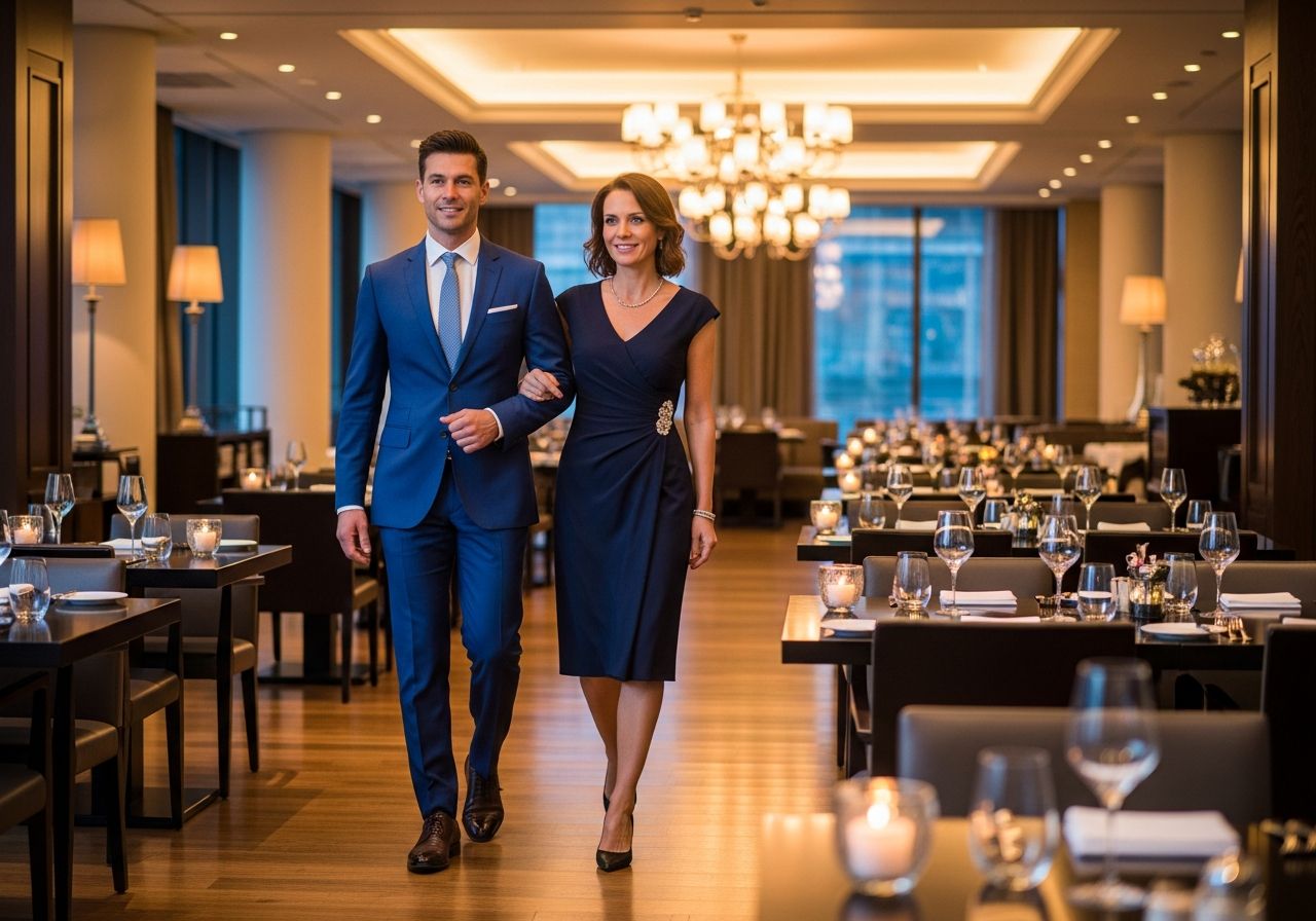 Para w eleganckim stroju wchodzi do luksusowej restauracji hotelowej o ciepłym oświetleniu wieczorem