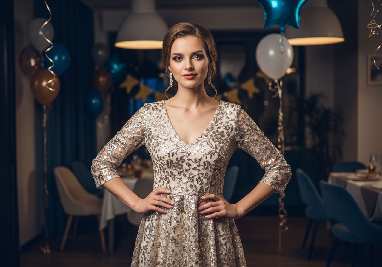 Młoda kobieta świętuje osiemnaste urodziny w eleganckiej sukience w przytulnym, udekorowanym pokoju.