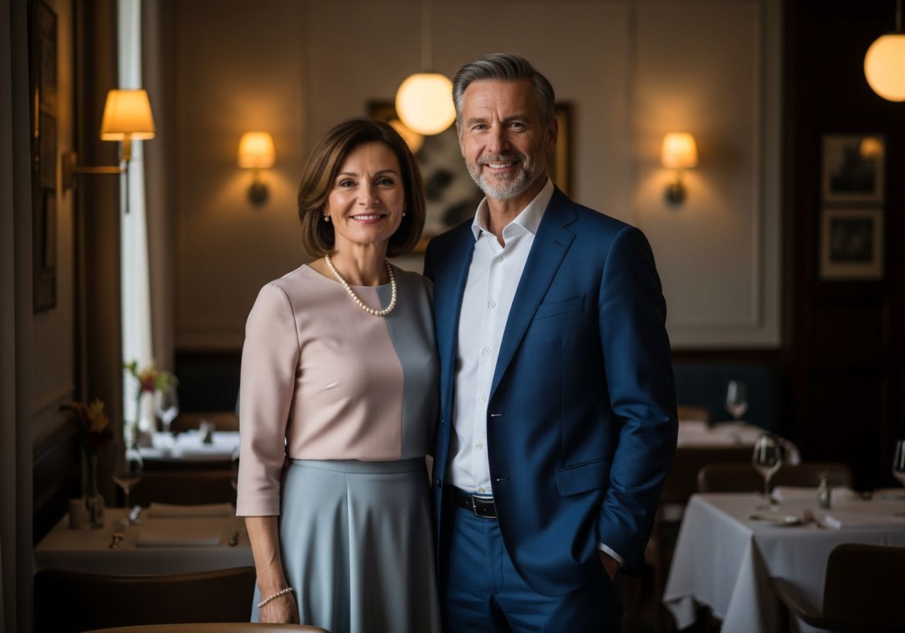 Elegancka para średniego wieku świętuje rocznicę w przytulnej restauracji, stojąc blisko i uśmiechając się.