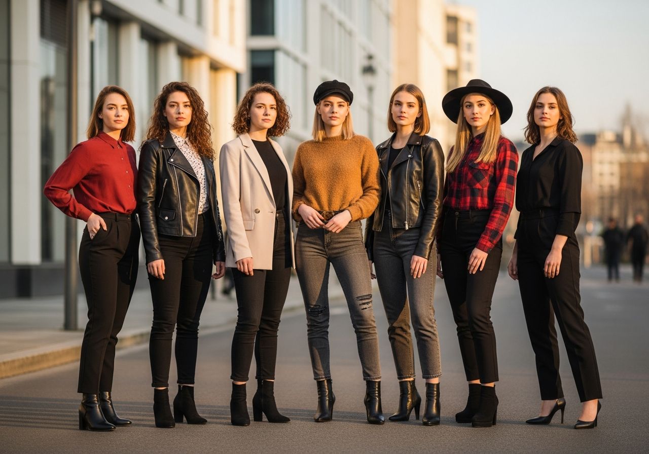 Grupa młodych kobiet w modnych stylizacjach na tle miejskiej architektury podczas złotej godziny