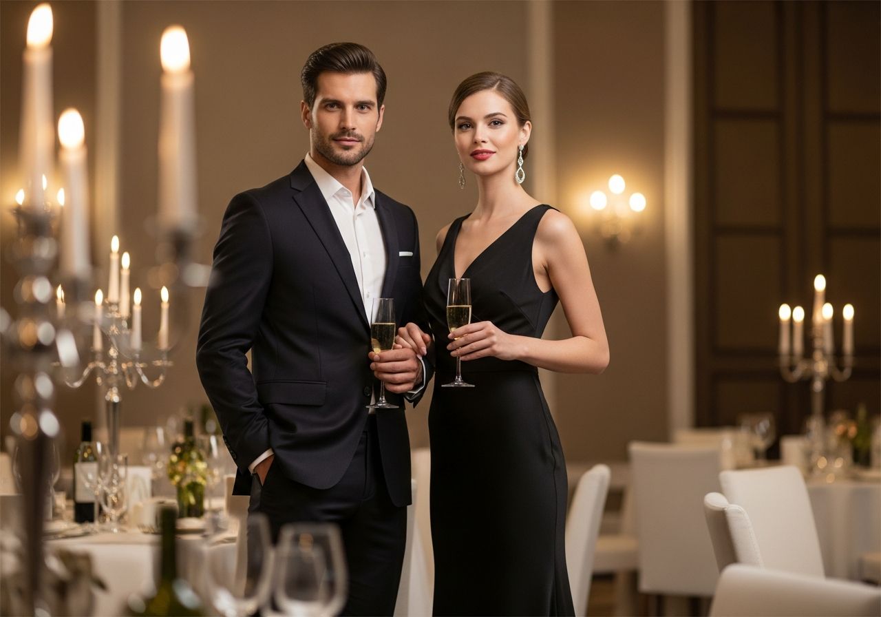 Mężczyzna w garniturze i kobieta w czarnej sukni na eleganckim bankiecie z lampką szampana.