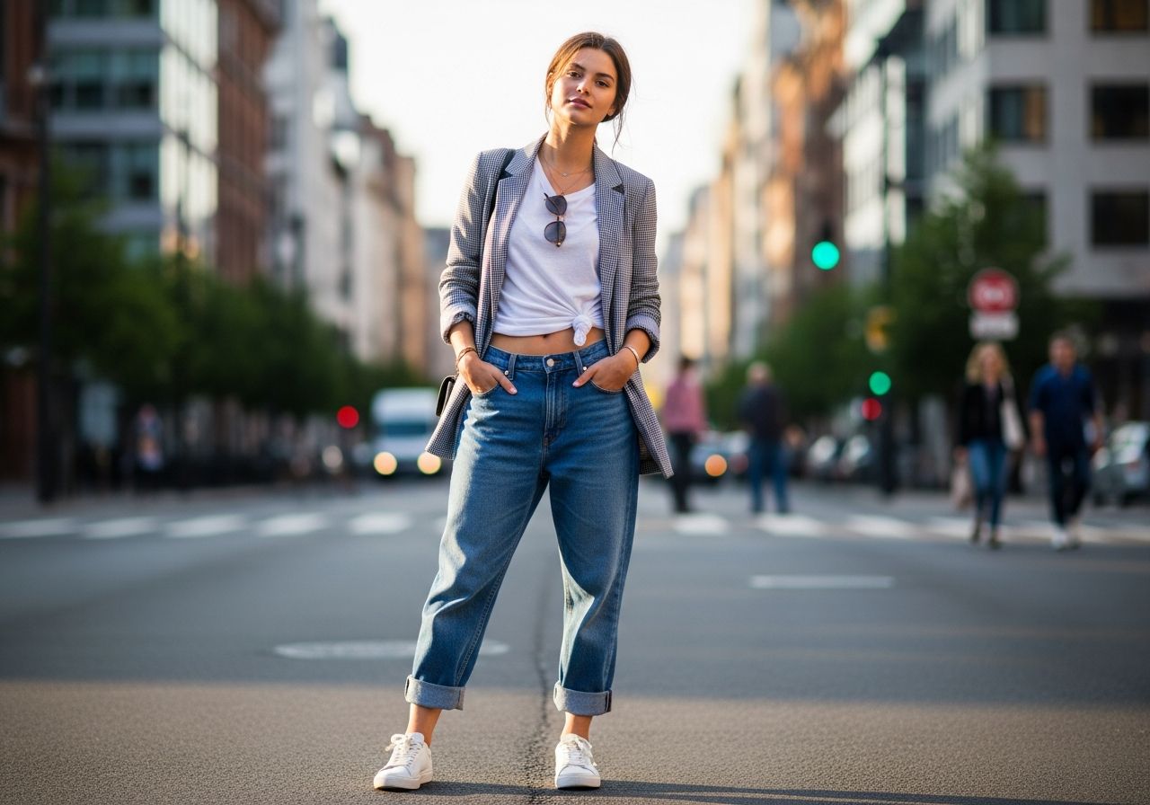 Młoda kobieta w boyfriend jeans, białym t-shircie i lekkiej marynarce stoi na miejskiej ulicy.
