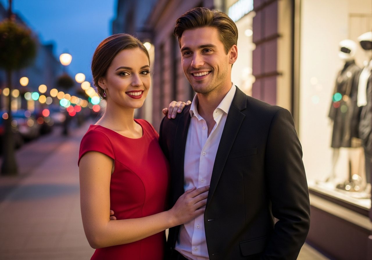 Młoda para na romantycznej randce w miejskiej scenerii wieczorem, uśmiechnięci, ubrani elegancko.