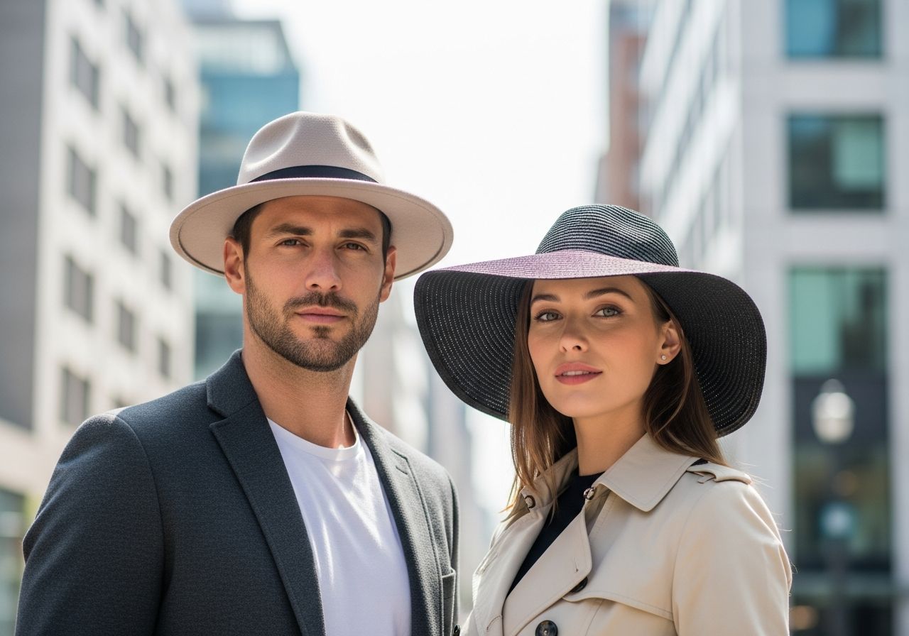 Mężczyzna w kapeluszu fedora i kobieta w kapeluszu szerokim stoją razem na tle miejskiej ulicy.