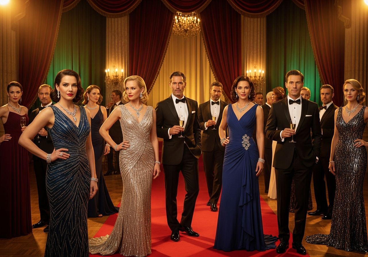 Luksusowa hollywoodzka impreza z eleganckimi gośćmi na czerwonym dywanie z lampką szampana.