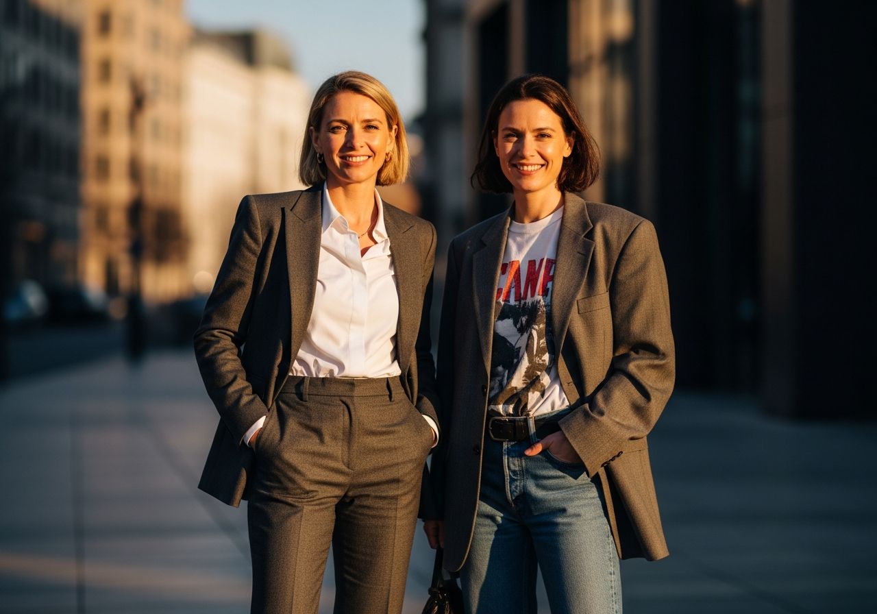 Dwie kobiety w miejskim otoczeniu o zachodzie słońca, jedna elegancka, druga casualowa, obie uśmiechnięte.