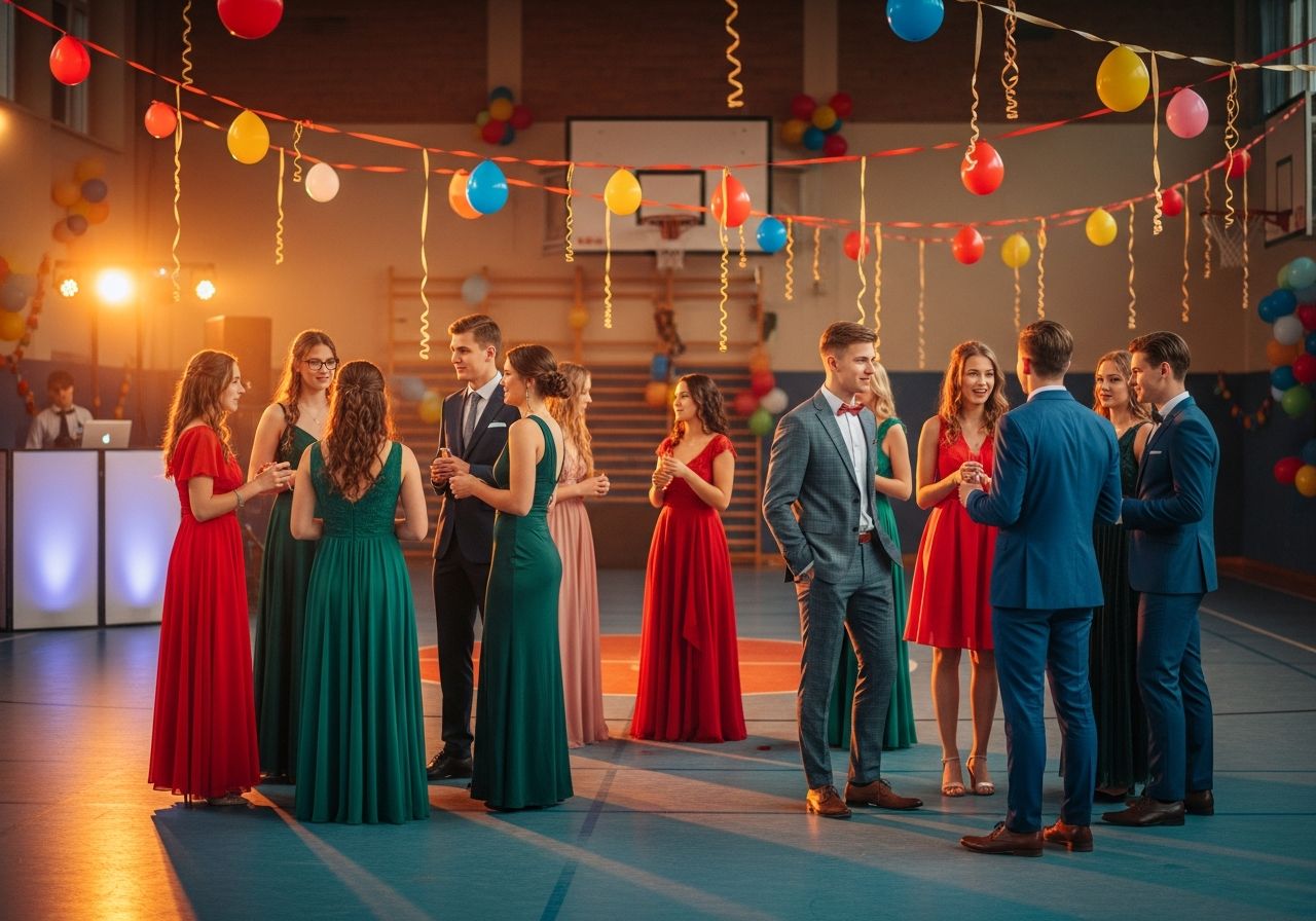 Grupa młodych ludzi na półformalnej imprezie szkolnej w eleganckich ubraniach w udekorowanej sali gimnastycznej