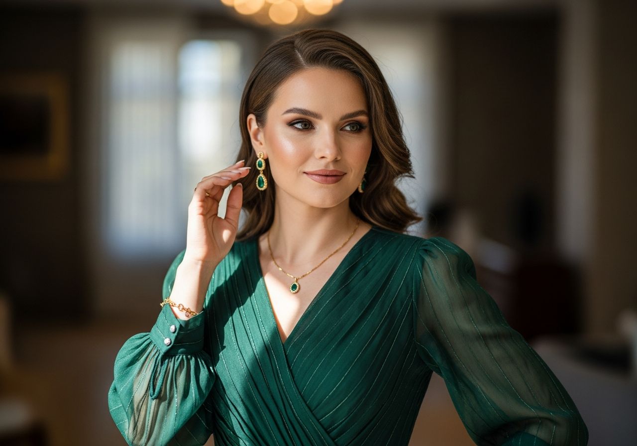Kobieta w ciemnozielonej sukni i złotej biżuterii, stojąca w miękkim świetle wewnątrz pomieszczenia.