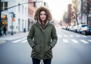 Młoda kobieta w zielonej kurtce na miejskiej ulicy o poranku z delikatnym uśmiechem