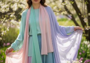 Kobieta w pastelowej, zwiewnej stylizacji w otoczeniu kwitnących wiosennych kwiatów na tle rozmytym.