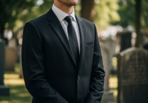 Mężczyzna w czarnym garniturze i krawacie na cmentarzu, rozmyte nagrobki i drzewa w tle