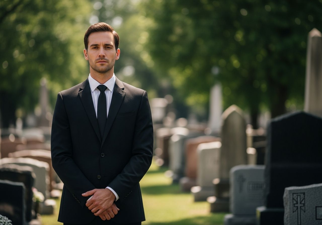 Mężczyzna w czarnym ubraniu stojący przy cmentarzu podczas uroczystości żałobnej na zewnątrz