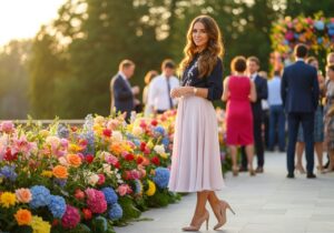 Młoda kobieta w eleganckim stroju stoi na letnim przyjęciu weselnym na tle kwiatów.