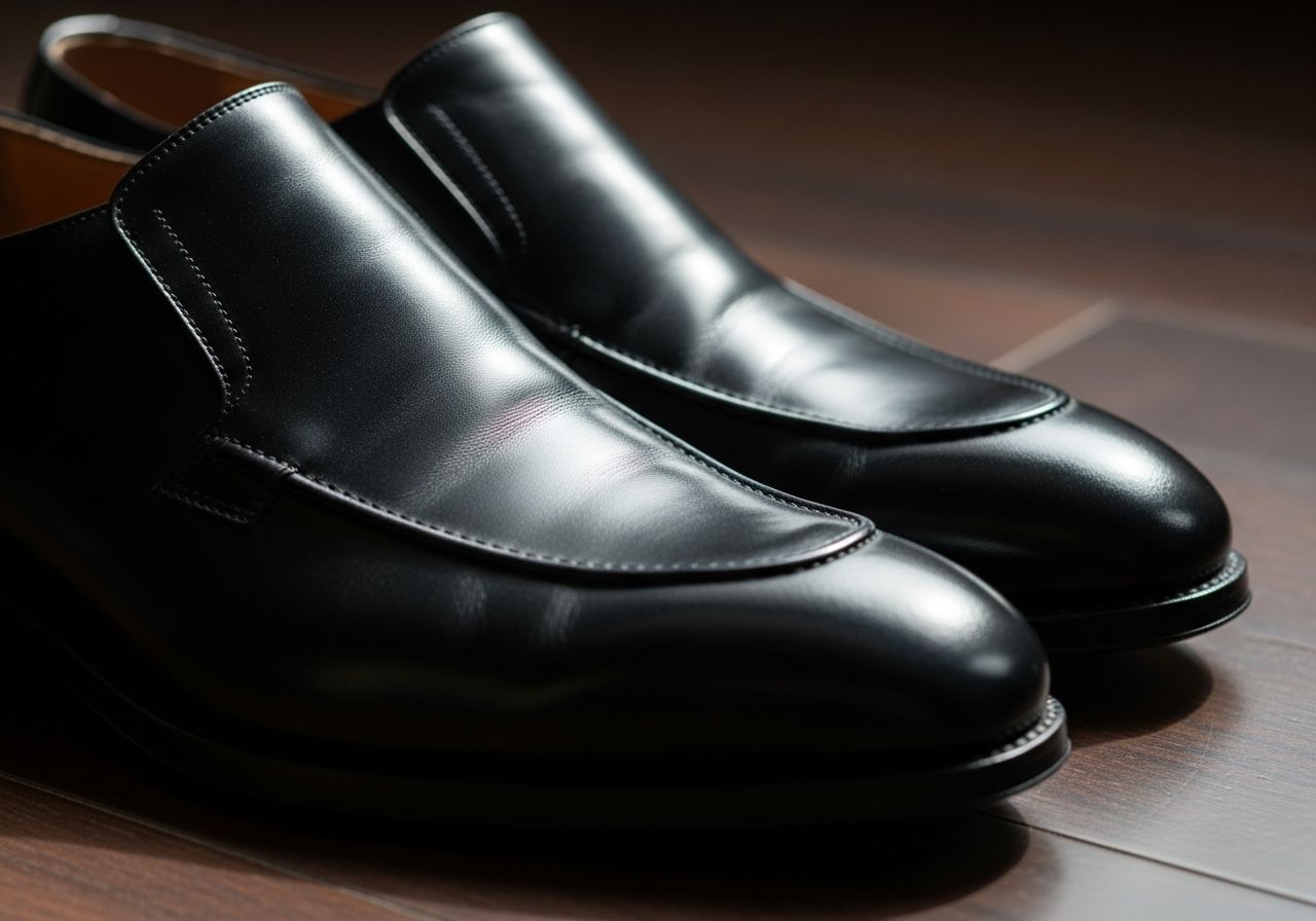 Eleganckie czarne buty pogrzebowe z polerowanej skóry na ciemnej, drewnianej podłodze