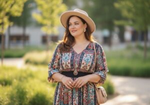 Plus size kobieta w kolorowej sukience stoi w miejskim parku, uśmiechnięta, w miękkim naturalnym świetle