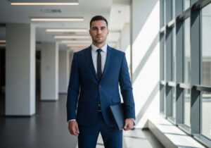 Młody mężczyzna w garniturze stoi w nowoczesnym korytarzu uczelni, trzyma czarną teczkę.
