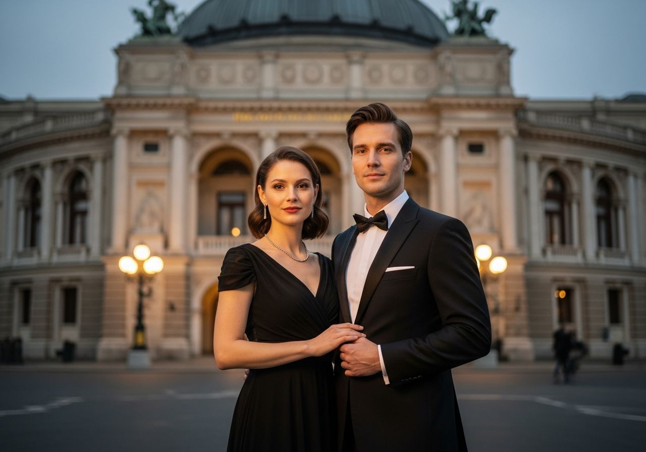 Para w eleganckich strojach stoi przed historyczną operą o zmierzchu w miękkim, złotym świetle.